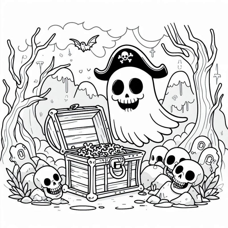 Desenho de Halloween com pirata fantasma, baú de tesouro e caveiras para colorir