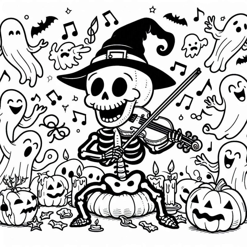 Desenho de esqueleto alegre com chapéu de bruxa, tocando violino em uma cena divertida de Halloween para colorir