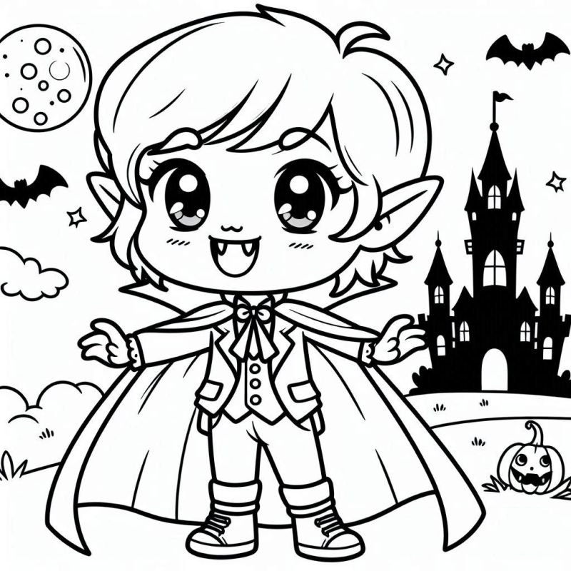 Desenho de vampiro chibi amigável com castelo e abóbora de Halloween para colorir