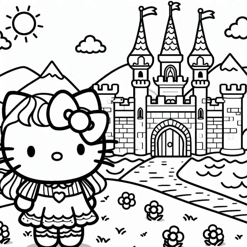 Hello Kitty com Vestido e Castelo: Um Sonho para Colorir