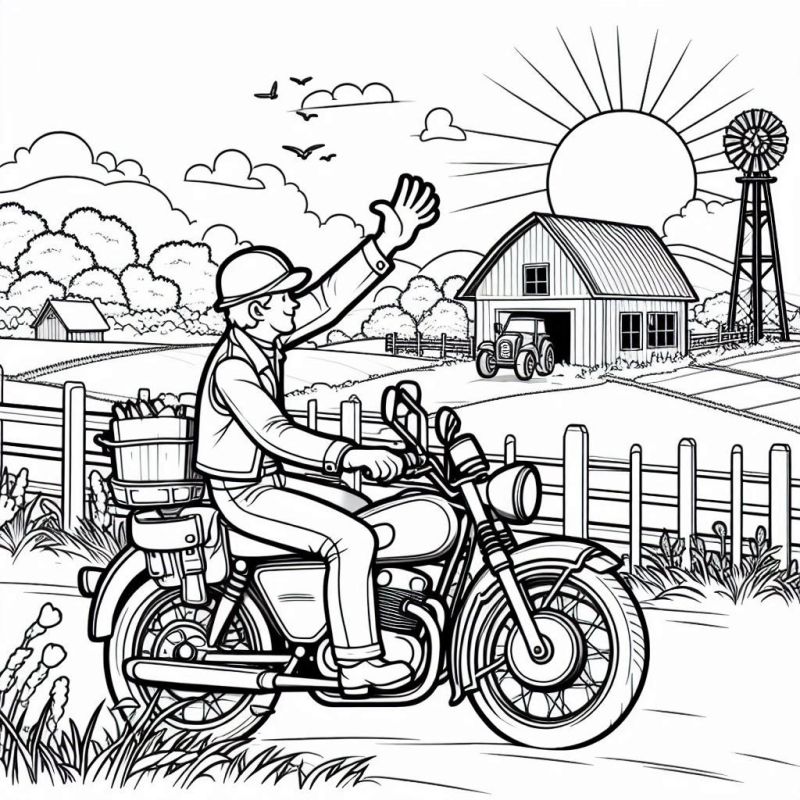 Desenho de homem na moto com cesta na fazenda para colorir