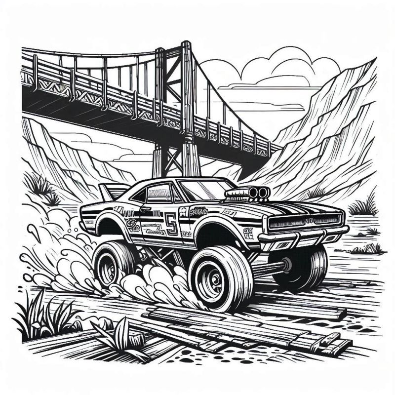 Desenho de carro de corrida off-road cruzando rio e ponte para colorir