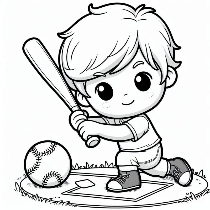 Desenho de criança se preparando para jogar beisebol em estilo cartoon