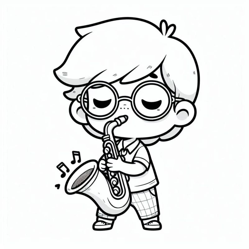 Desenho de Criança Tocando Saxofone para Colorir