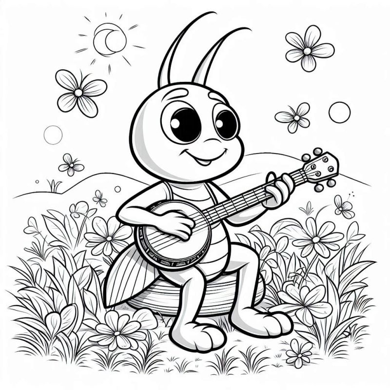 Desenho para colorir de um inseto feliz tocando violão cercado de flores e borboletas