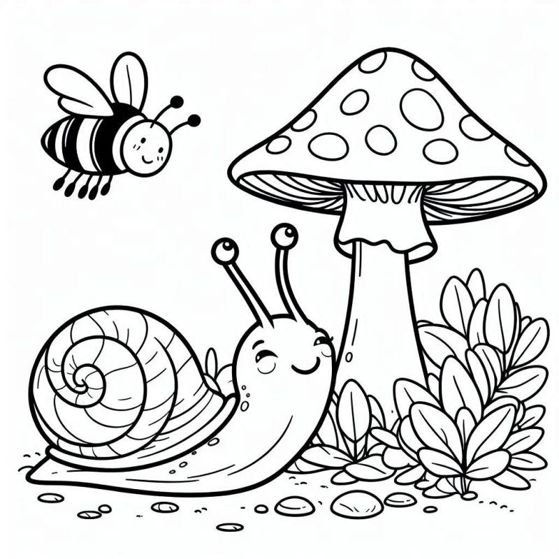 Desenho de caracol, abelha e cogumelo para colorir