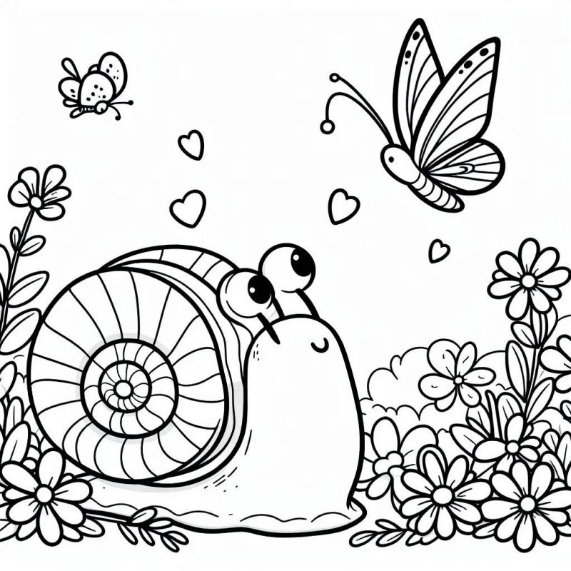 Desenho de caracol e borboleta para colorir, com corações e flores em um cenário alegre.