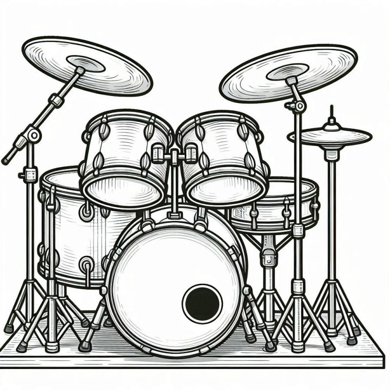 Desenho Detalhado de Bateria Musical para Colorir