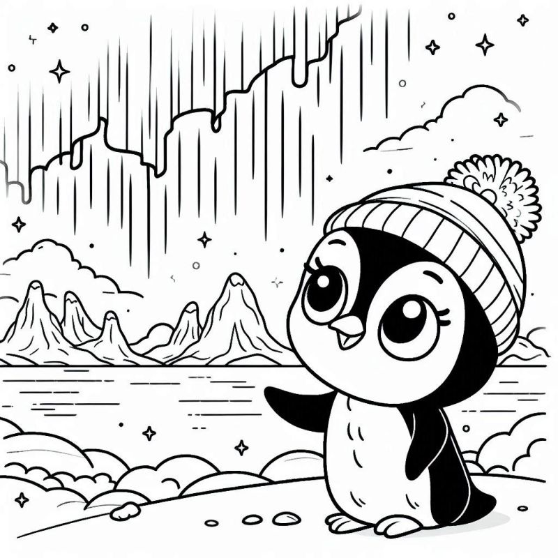 Desenho de pinguim fofinho com gorro em cenário invernal para colorir