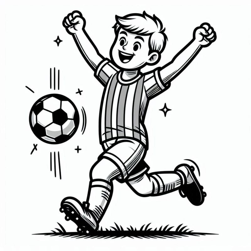 Desenho de um jovem jogador de futebol celebrando, perfeito para colorir.