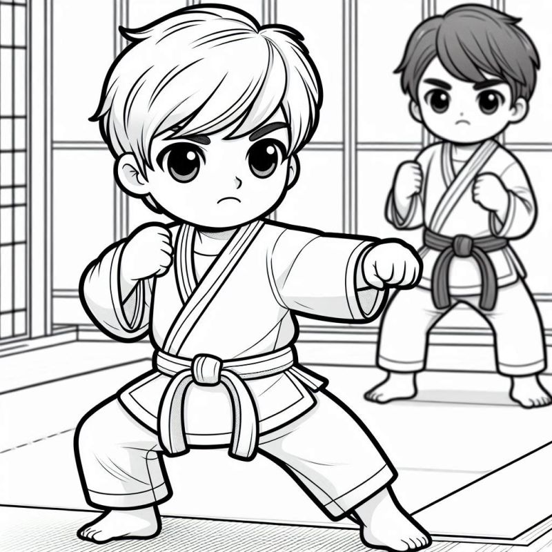 Desenho de Crianças Praticando Karatê no Dojo para Colorir