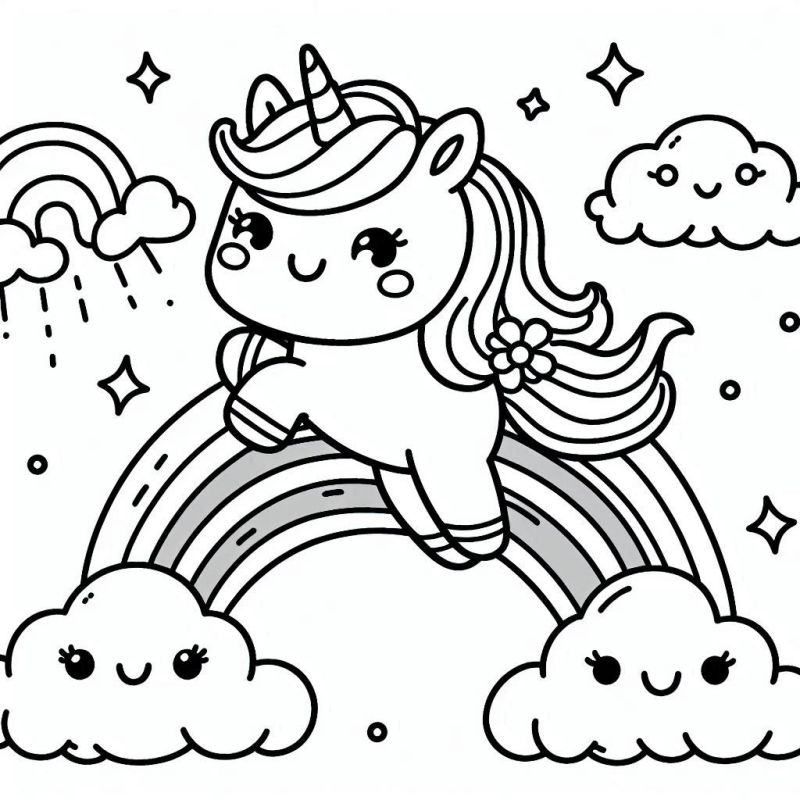 Desenho kawaii de unicórnio saltando sobre arco-íris para colorir