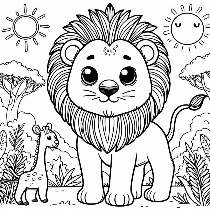 Leão e Girafa Amigos na Savana para Colorir