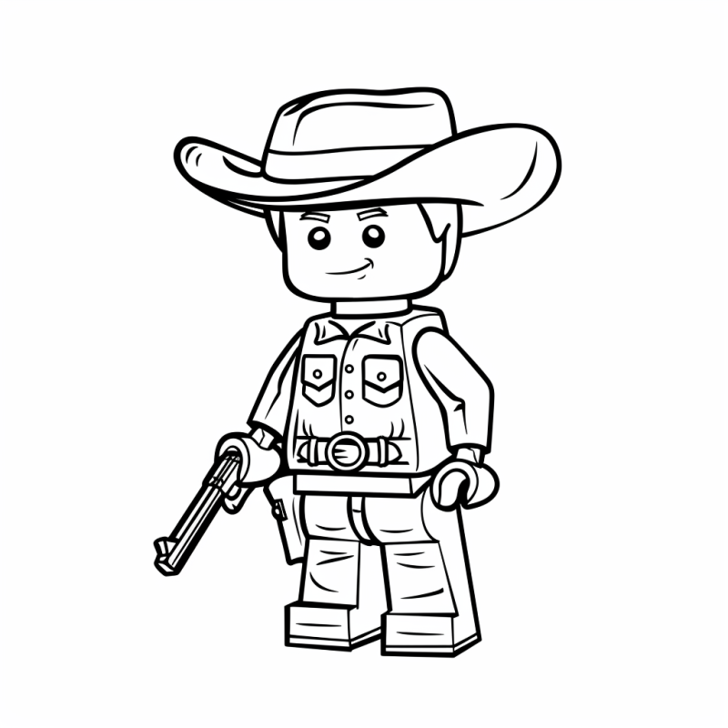 Cowboy de Lego para colorir com chapéu, cinto e espingarda