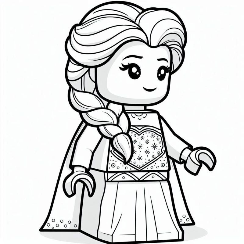 Desenho de personagem feminina no estilo Lego com cabelos longos, vestido detalhado e capa para colorir