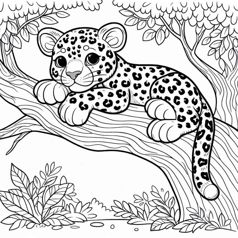 Desenho de Filhote de Leopardo Dormindo em Galho de Árvore para Colorir