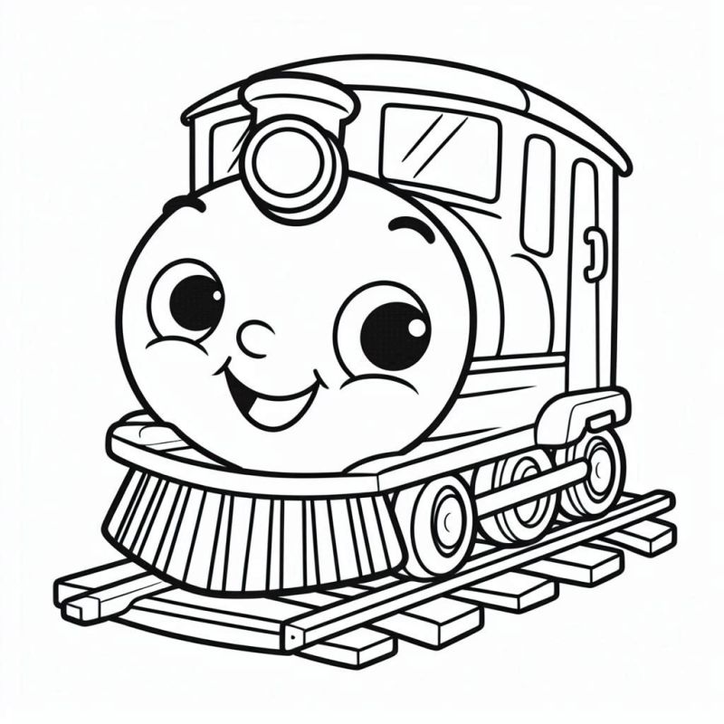 Desenho fofo de uma locomotiva antropomorfizada sorridente para colorir