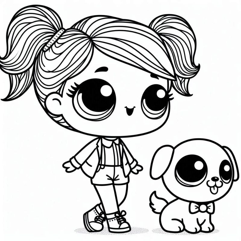 Desenho de Boneca LOL com Cachorro para Colorir