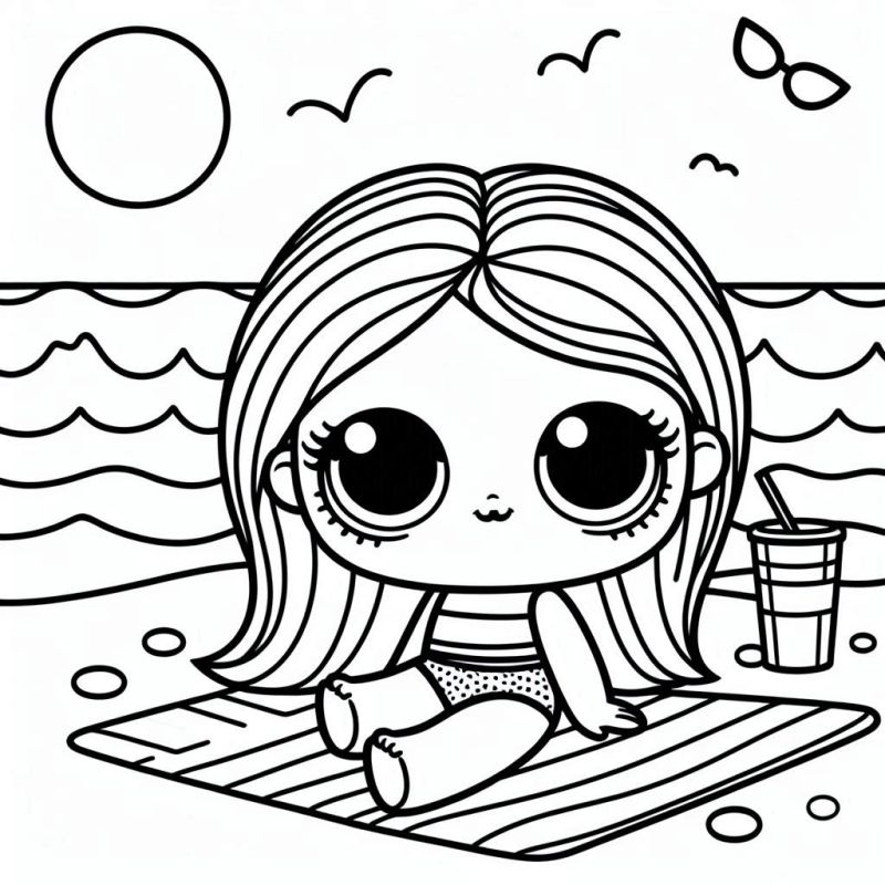 Desenho da Boneca LOL na Praia para Colorir