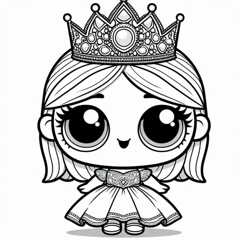 Desenho de menina no estilo das bonecas LOL com coroa e vestido de princesa para colorir