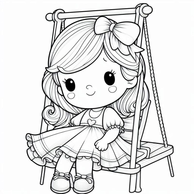 Desenho de Menina Fofa no Balanço para Colorir