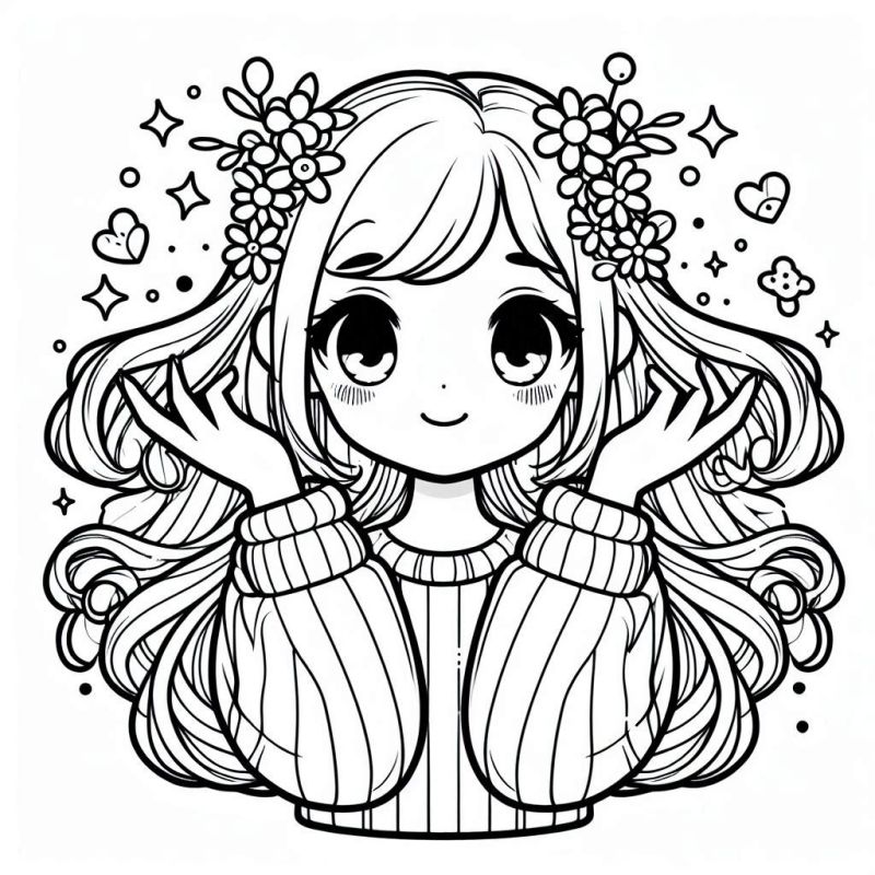 Desenho Mangá de Menina com Flores e Cabelos Longos