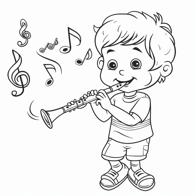 Desenho de Menino Tocando Clarinete para Colorir