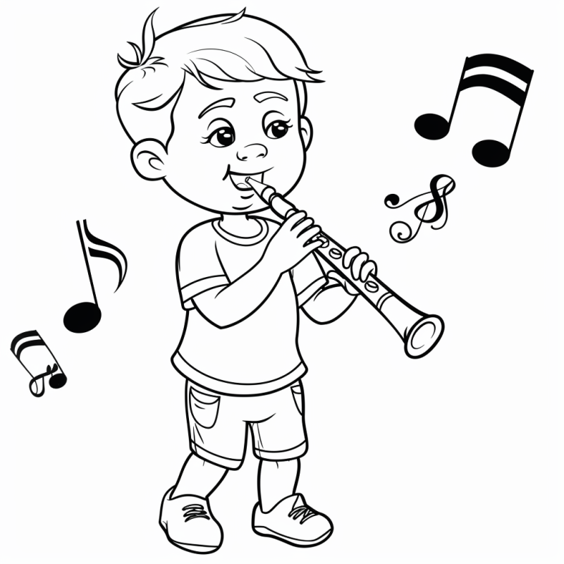 Desenho de um menino tocando clarinete para colorir com símbolos musicais ao fundo.