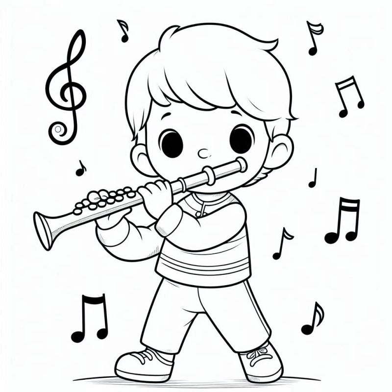 Menino tocando flauta com notas musicais, pronto para colorir