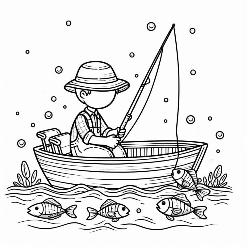 Desenho de Menino Pescando em Barco para Colorir