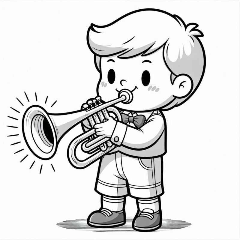 Desenho de Menino Tocando Trompete para Colorir