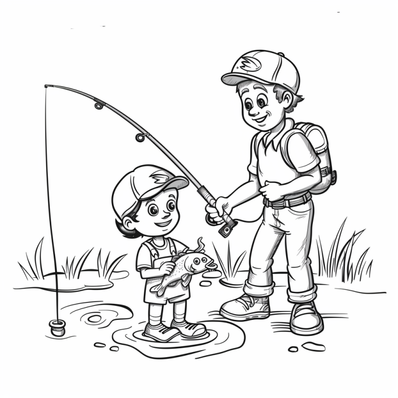 Dois meninos pescando em um cenário campestre para colorir