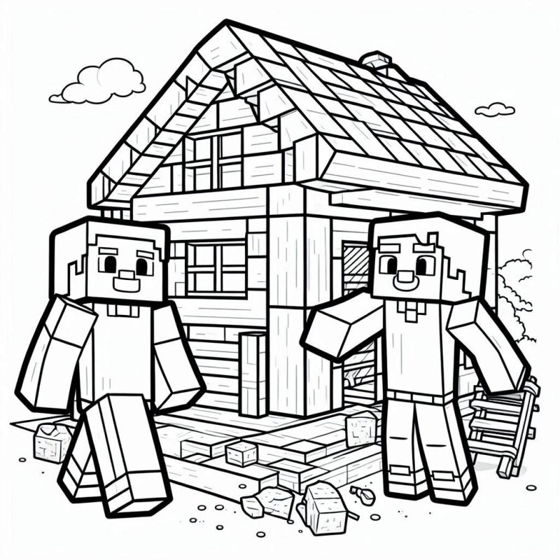 Dois personagens e casa Minecraft cena para colorir