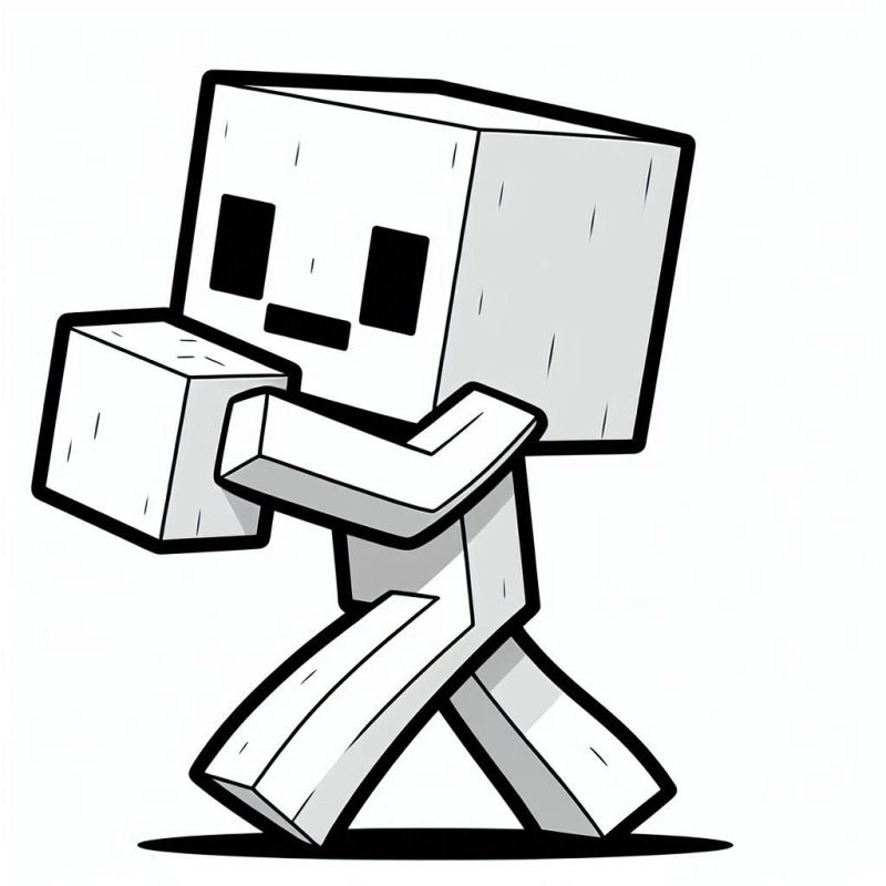 Desenho de personagem minimalista do Minecraft com cubo em mãos para colorir