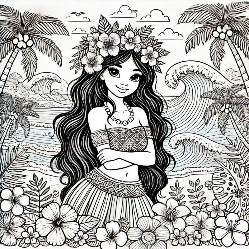 Moana em Praia Tropical: Desenho para Colorir