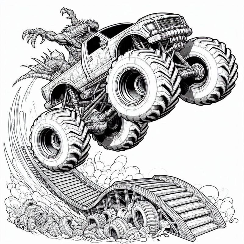 Desenho de Monster Truck em plena ação com criatura monstruosa no topo