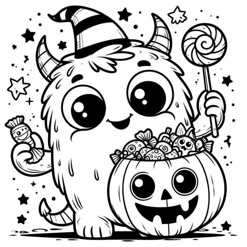 Desenho de monstrinho de Halloween com chapéu de bruxa e doces para colorir