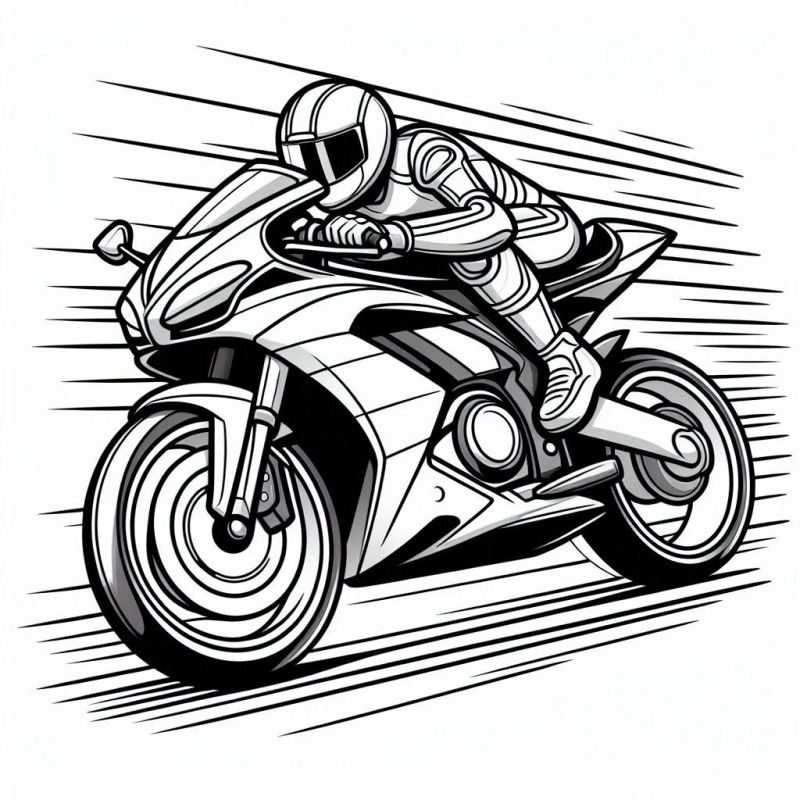 Desenho de uma motocicleta esportiva com piloto para colorir