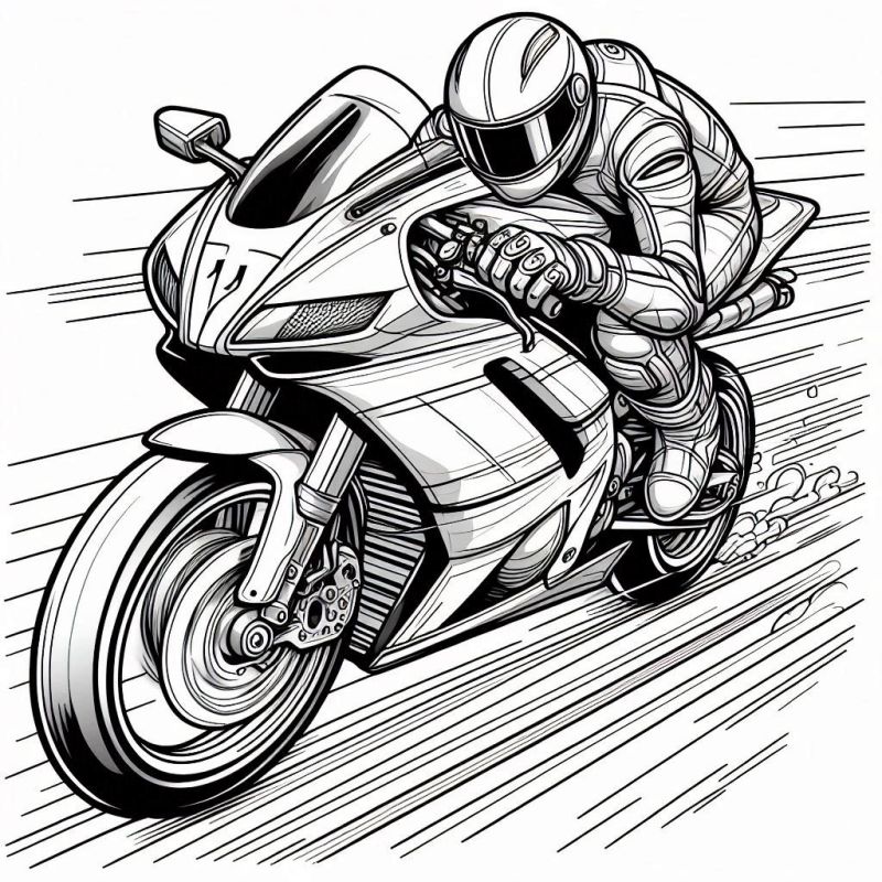 Desenho Detalhado de Motocicleta Esportiva em Alta Velocidade para Colorir