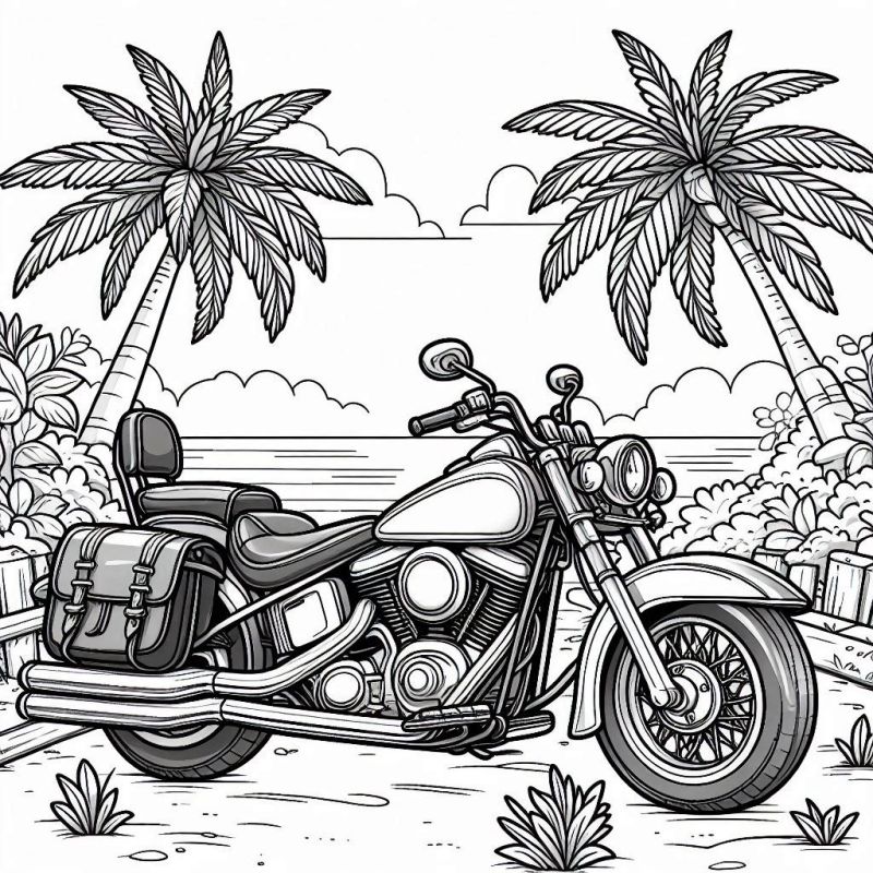 Desenho de Motocicleta Custom na Praia para Colorir