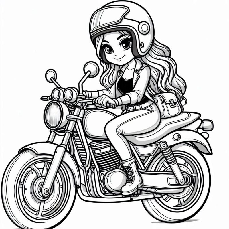 Desenho de jovem personagem em motocicleta para colorir