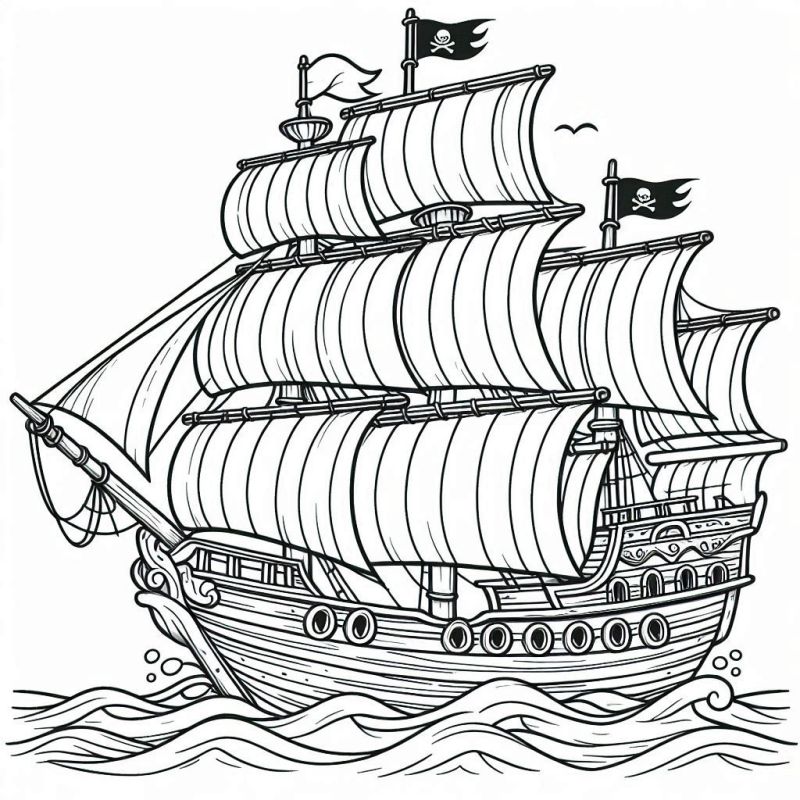 Desenho detalhado de navio pirata para colorir