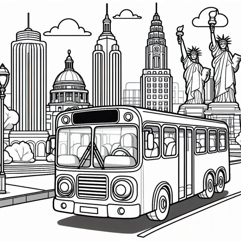 Desenho para colorir de um ônibus em um cenário de cidade famosa com a Estátua da Liberdade