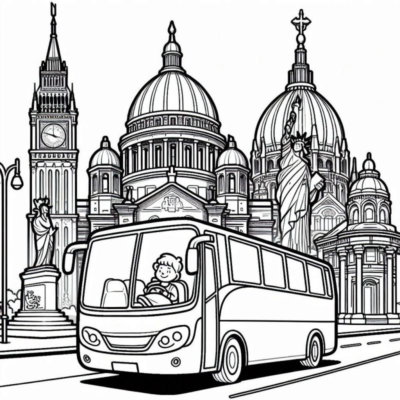 Desenho de Ônibus em Cidade com Marcos Arquitetônicos para Colorir