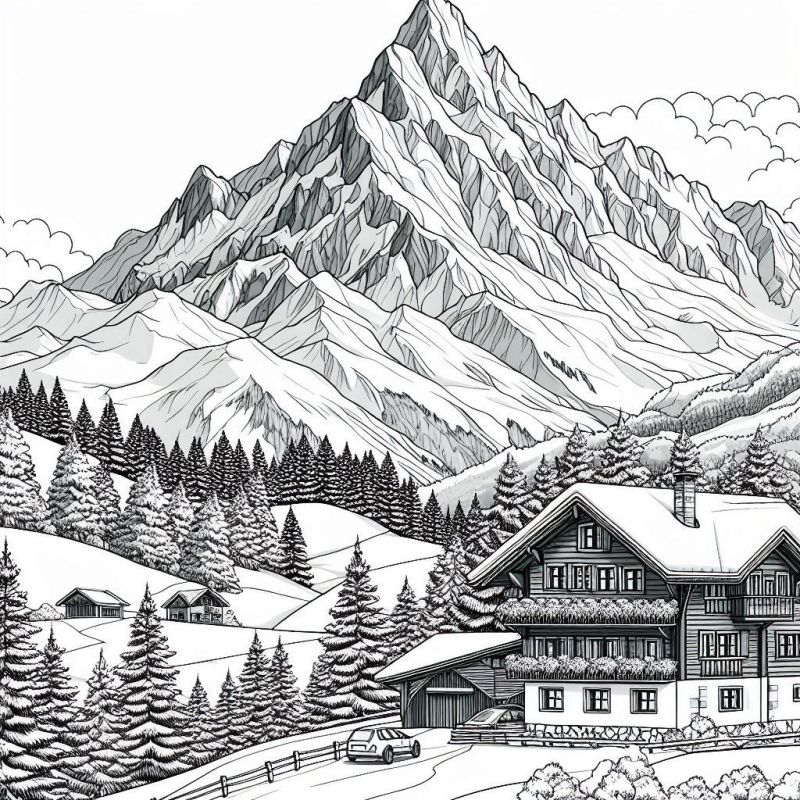 Desenho de uma paisagem montanhosa coberta de neve com chalé e floresta para colorir