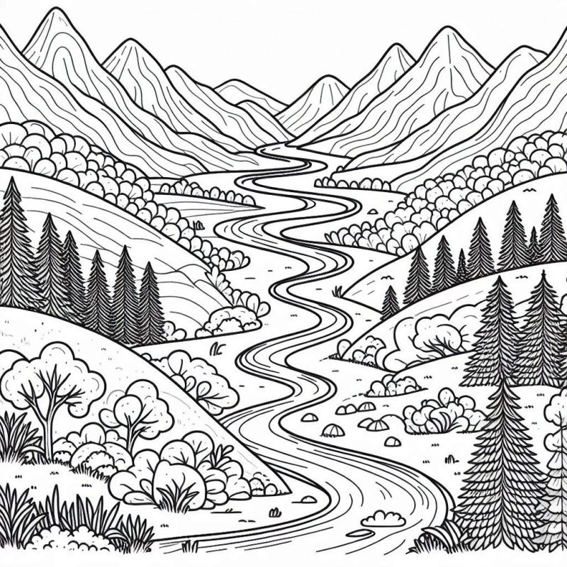 Ilustração detalhada de uma paisagem natural com montanhas e rio para colorir