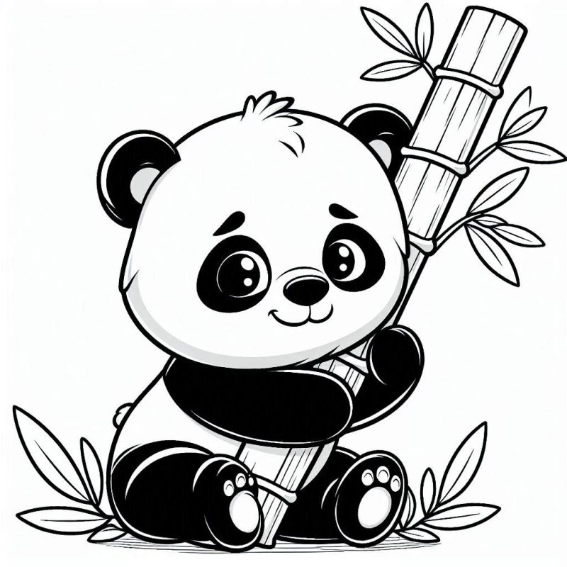 Desenho de panda fofinho segurando bambu, perfeito para colorir