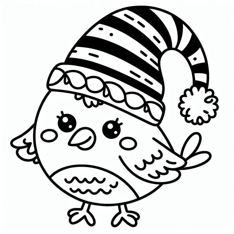 Desenho de um Passarinho Fofo com Gorro para Colorir