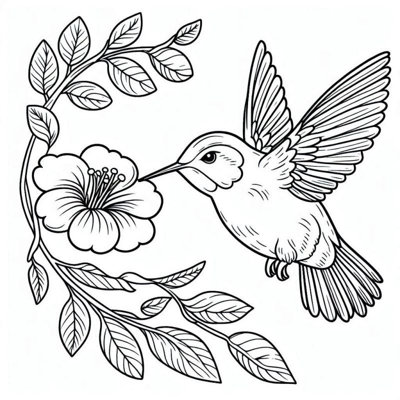 Desenho de beija-flor em voo direcionado para uma flor, pronto para colorir