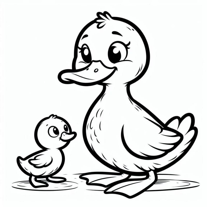 Desenho de um pato adulto com um patinho para colorir